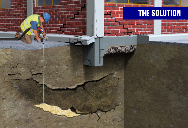 Man injecting polyurethane foam for the chemical underpinning of an unstable concrete foundation